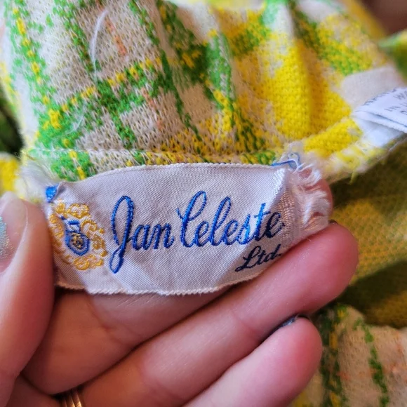 Vintage 70s Jan Celeste Yellow Green Plaid Elastic High Waist Pants - Picture 3 of 7